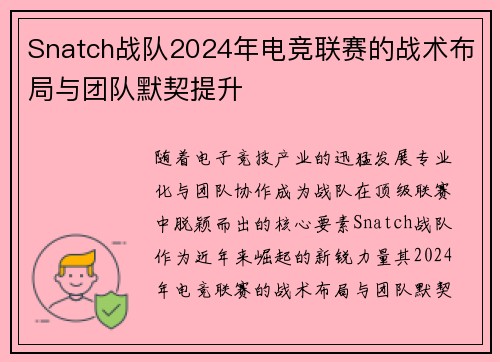 Snatch战队2024年电竞联赛的战术布局与团队默契提升