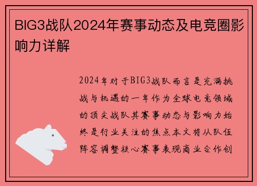 BIG3战队2024年赛事动态及电竞圈影响力详解